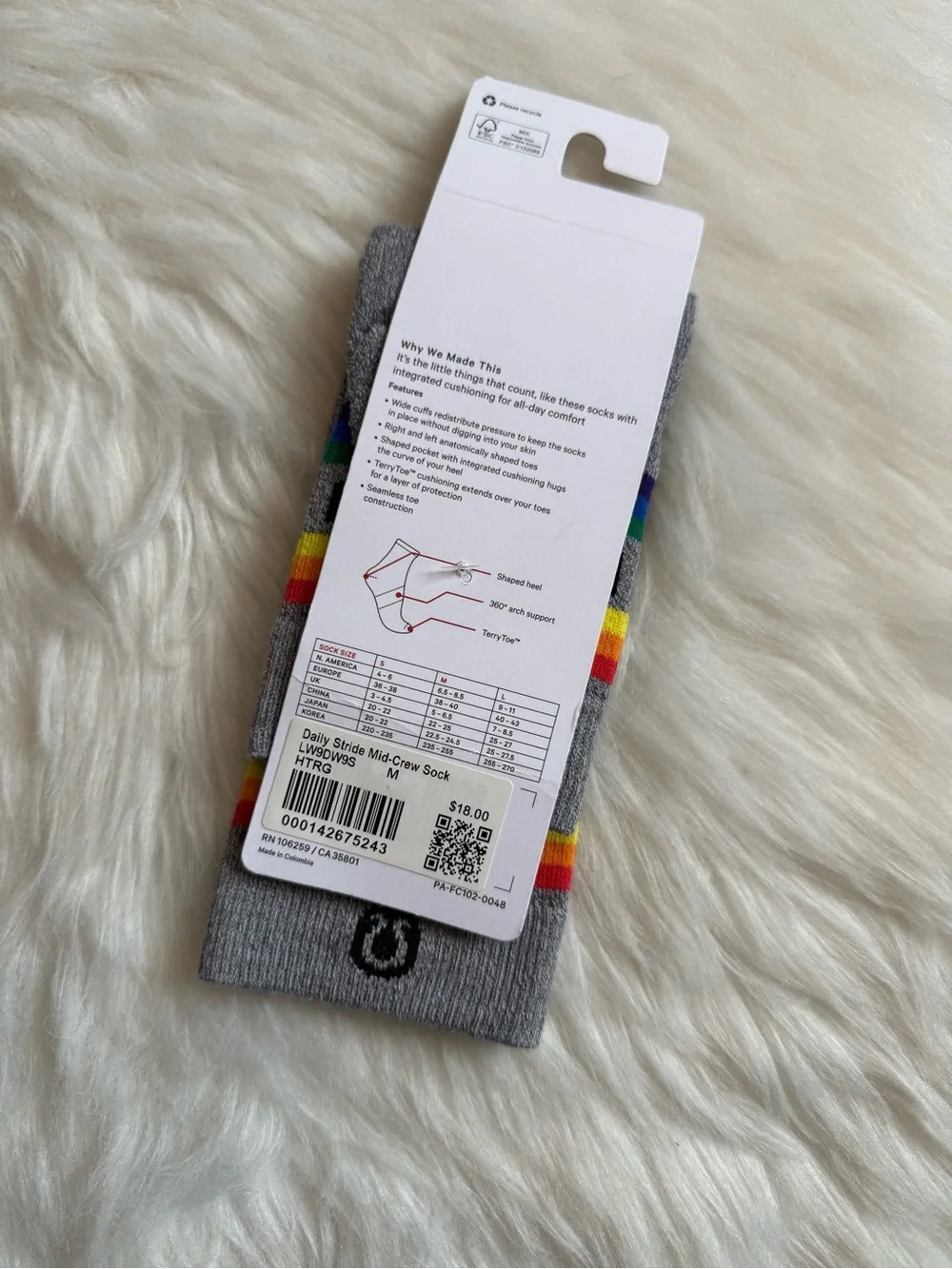 NWT Lululemon Daily Stride Mid Crew Socks Rainbow Gray HTRG Size M